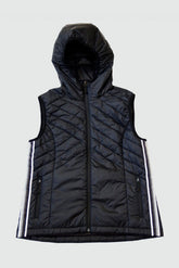 Black Powerstripe eco-friendly down hooded vest by Goal Five, shown as a stylish outdoor lifestyle outerwear piece.