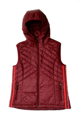 Goal Five Powerstripe Eco-Friendly Down Hooded Vest in Merlot, lifestyle image showing the stylish, insulated outerwear on a model.