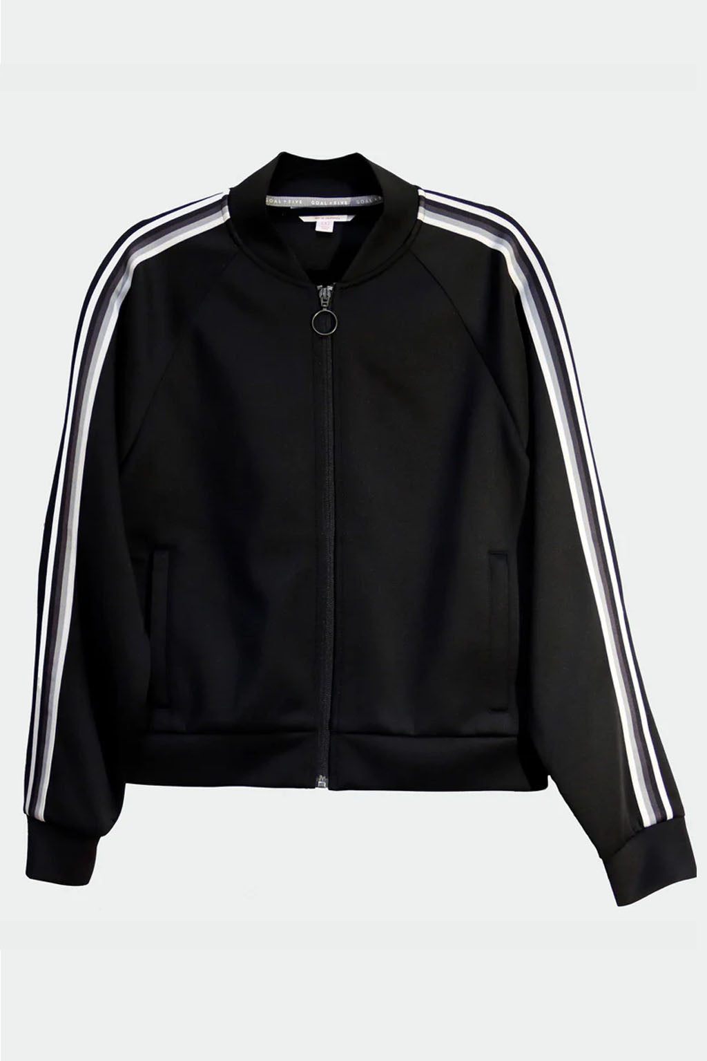 Black Powerstripe LS Track Jacket by Goal Five, a stylish lifestyle outerwear piece with stripe details and a comfortable fit.
