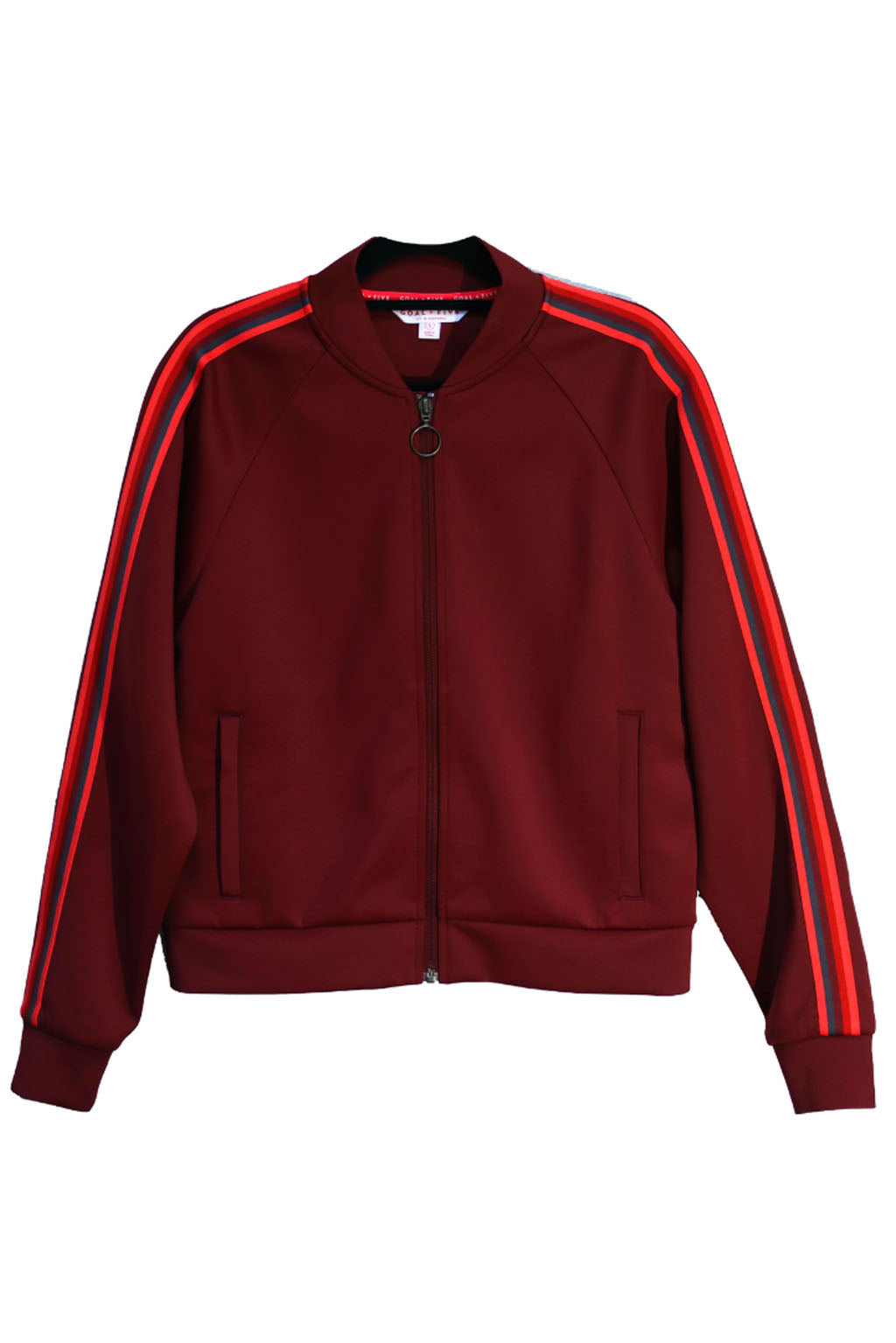 Goal Five Powerstripe LS Track Jacket in Merlot, lifestyle image showing sporty outerwear with striped design and comfortable fit.