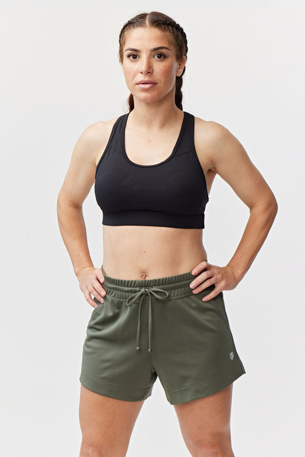 Dark moss Goal Five G5 Advance 4.5-inch knit shorts with elastic waistband and athletic fit, designed for active wear.