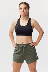 Dark moss Goal Five G5 Advance 4.5-inch knit shorts with elastic waistband and athletic fit, designed for active wear.
