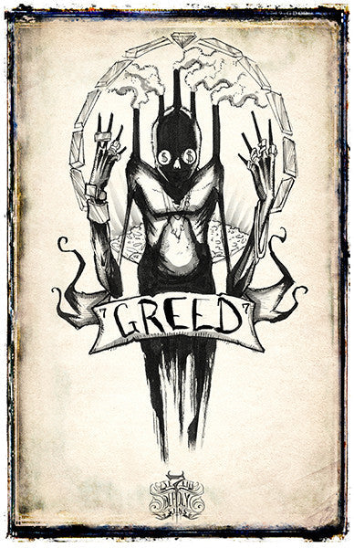 Se7en Deadly Sins poster depicting Greed in 11x17 size from Any Means Necessary Clothing, with detailed artwork and vivid colors.