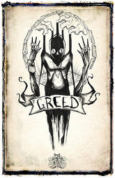 Se7en Deadly Sins poster depicting Greed in 11x17 size from Any Means Necessary Clothing, with detailed artwork and vivid colors.
