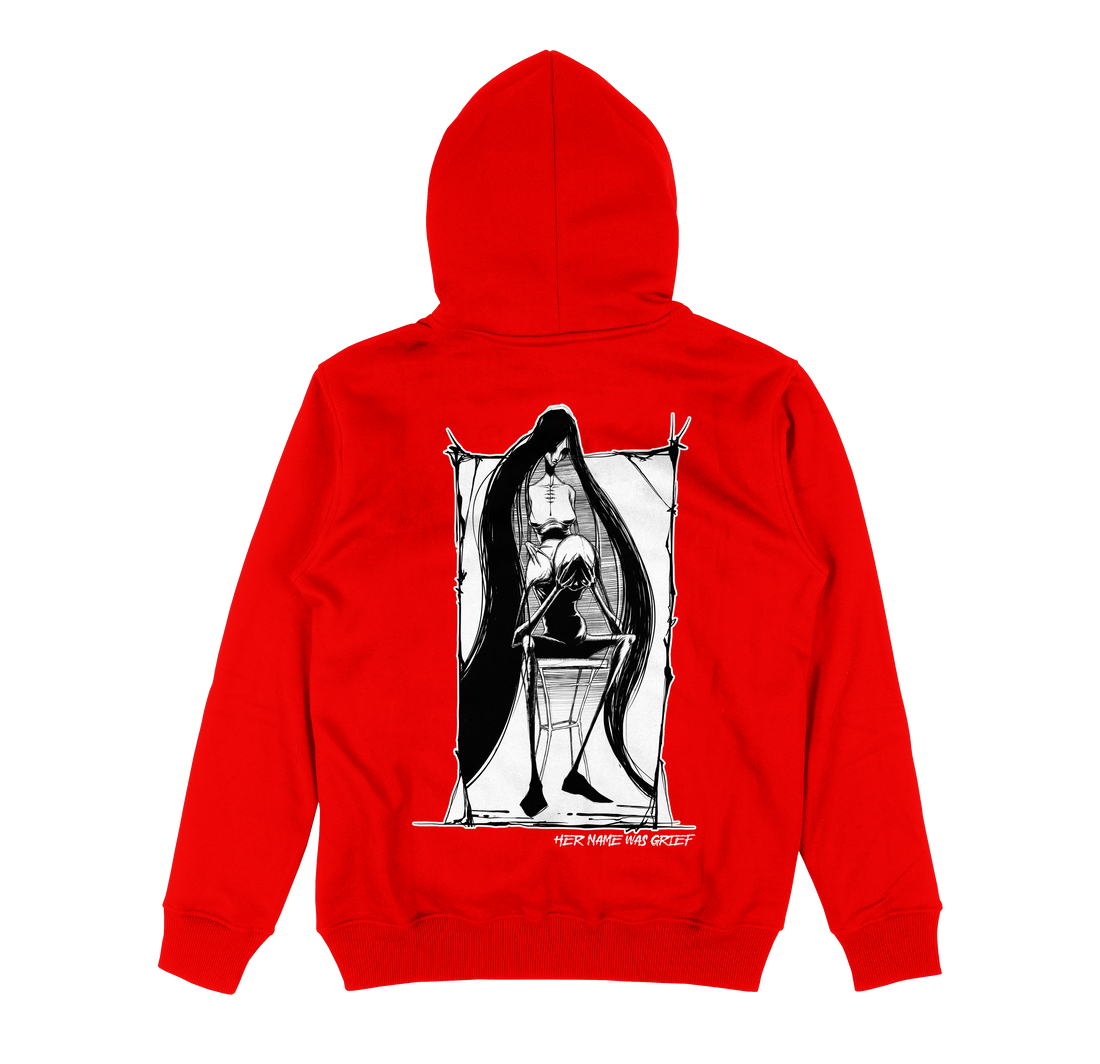 Red grief hoodie by Any Means Necessary Clothing, back view showing the design and comfortable pullover style.