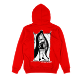 Red grief hoodie by Any Means Necessary Clothing, back view showing the design and comfortable pullover style.