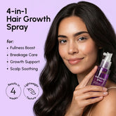Maree 4-in-1 Hair Growth Spray bottle with nozzle, transparent packaging showing the product inside.