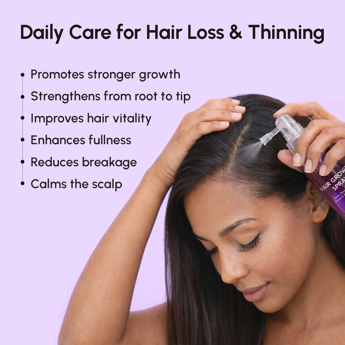 Maree 4-in-1 Hair Growth Spray bottle with clear nozzle, designed to promote hair growth and scalp health.
