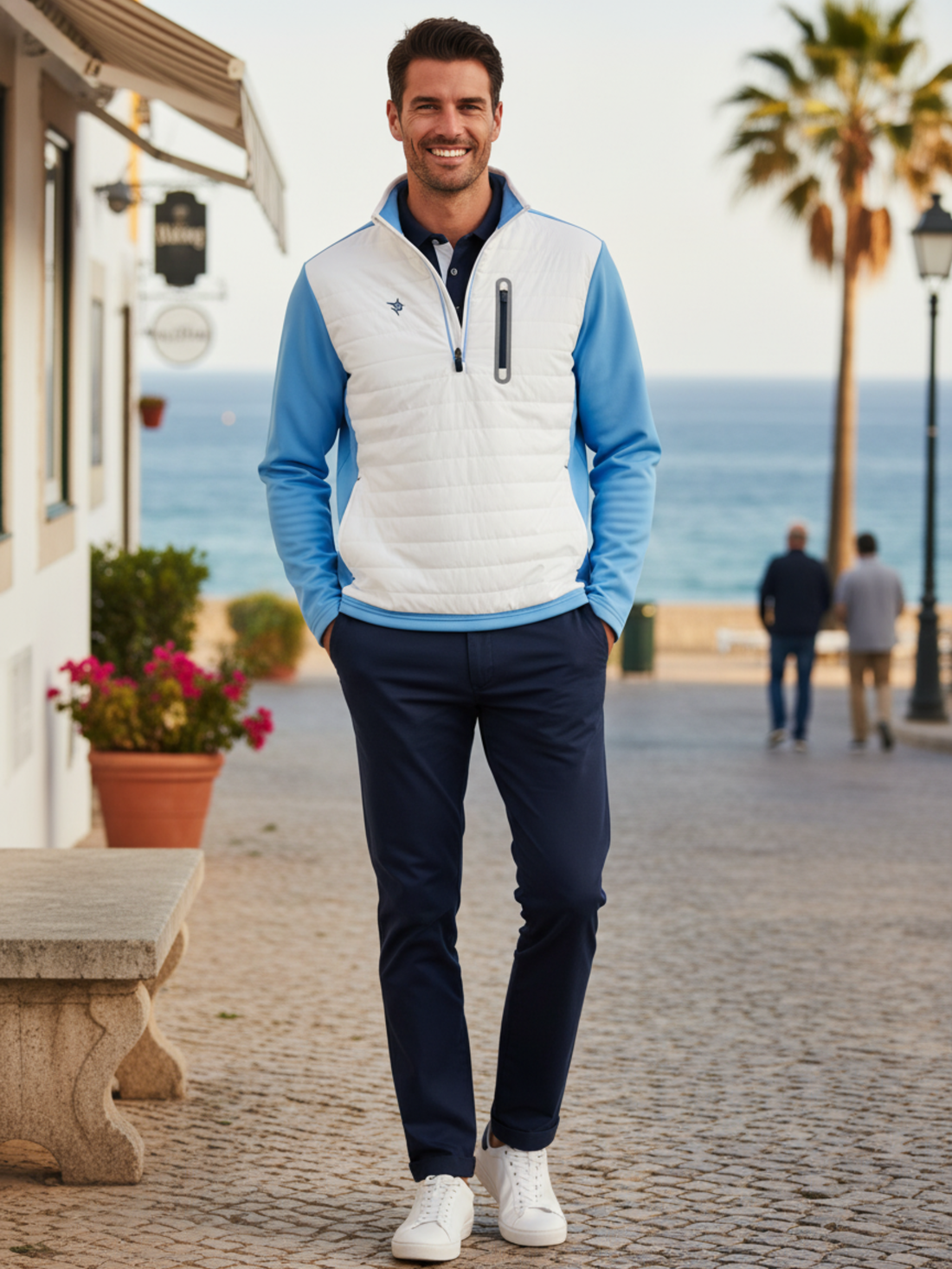 White Water Life Hampton Pullover technical quarter zip layered top, shown in beachside setting with a casual, outdoor style.