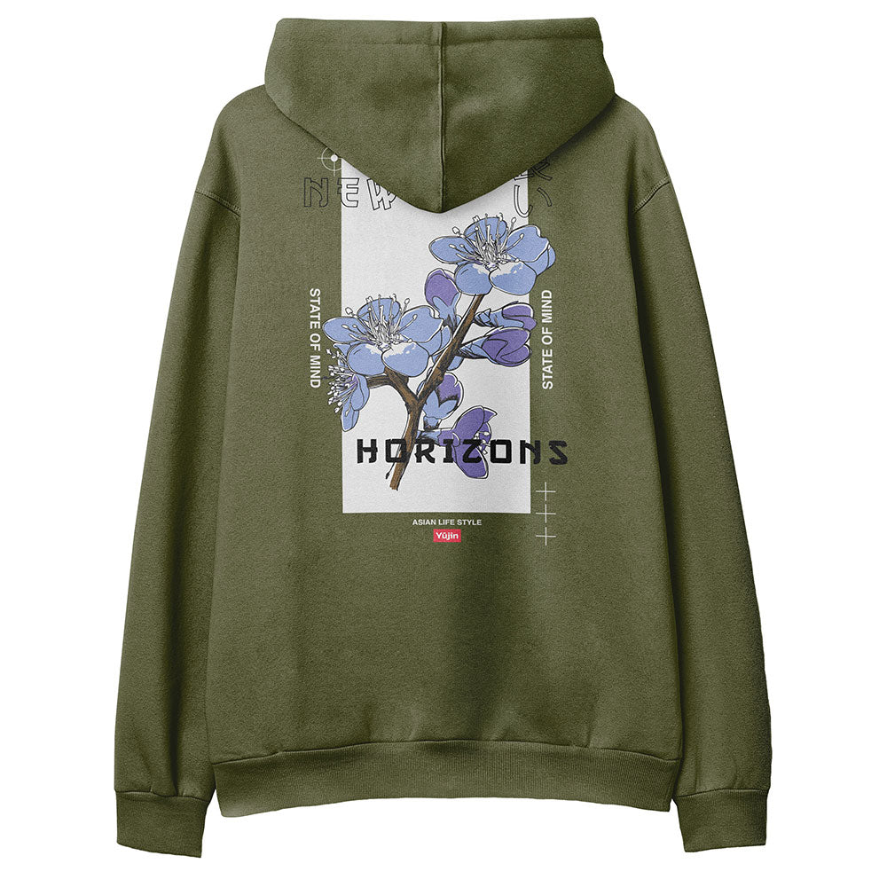 Yūjin Clothing Horizons Hoodie, soft fabric with hood and front pocket, featuring a stylish design in muted tones.