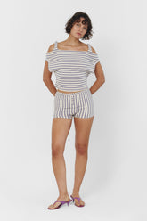 FindmeNowTheLabel Jaci Shorts in Seaside Stripe with a casual fit, featuring blue and white striped pattern, perfect for summer wear.