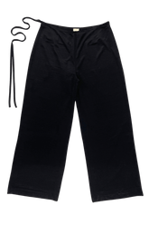 Black Emilia pants by findmenowthelabel, flat lay showing the stylish wide-leg design and high-waist fit.