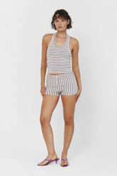 Bruna halter top in Seaside Stripe by findmenowthelabel, featuring a stylish halter neckline and blue and white stripe pattern.
