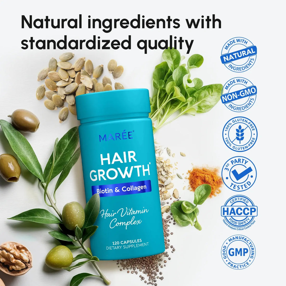 Maree Biotin &amp; Collagen Hair Growth Complex bottle with capsules, ideal for nourishing hair and promoting growth.