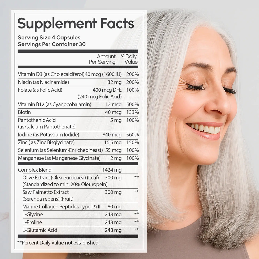 Bottle of Maree Biotin &amp; Collagen Hair Growth Complex supplement with capsules in a clear container.