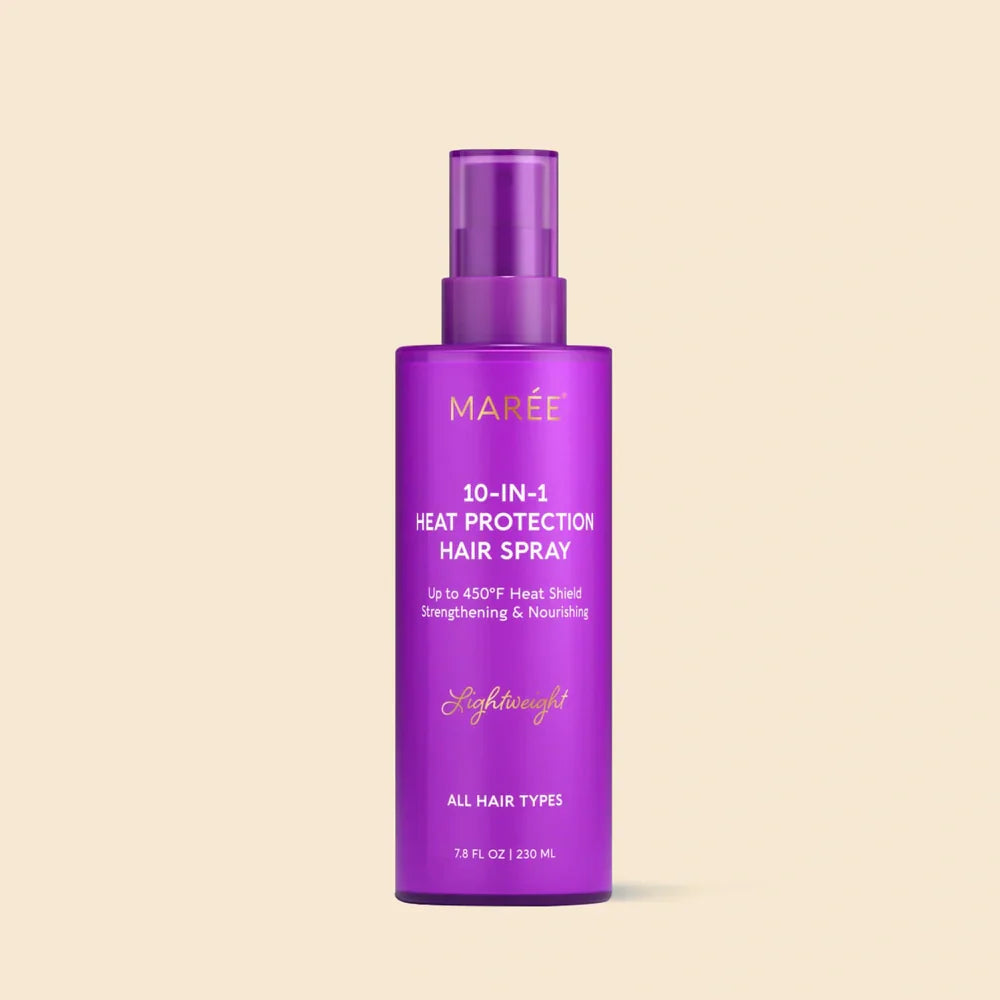 Maree heat styling protective hair spray spray bottle with clear label and nozzle for heat protection.