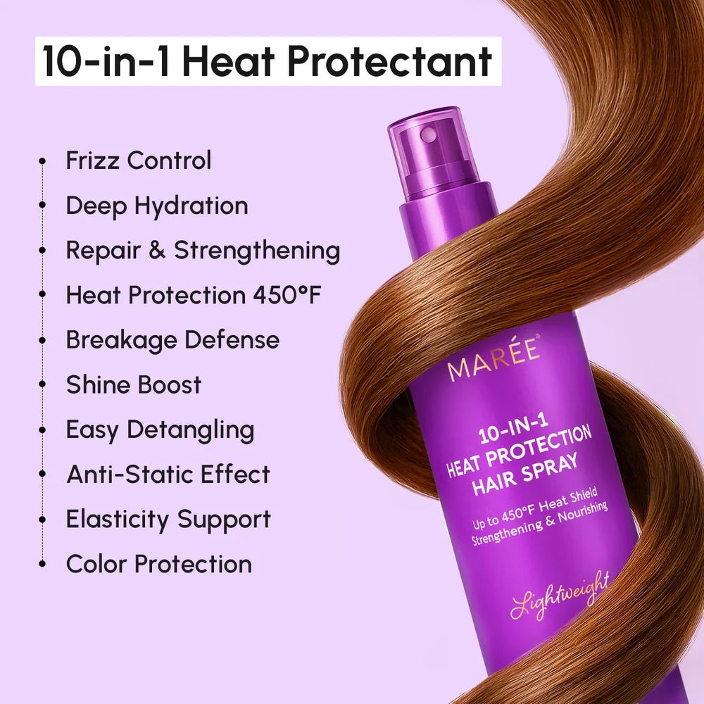 Maree heat styling protective hair spray bottle with spray nozzle, designed to shield hair from heat damage during styling.
