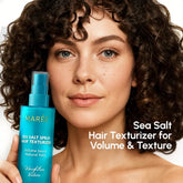 Maree Keratin & Sea Salt Hair Texturizer bottle with textured hair, demonstrating tousled and beachy hairstyle style.