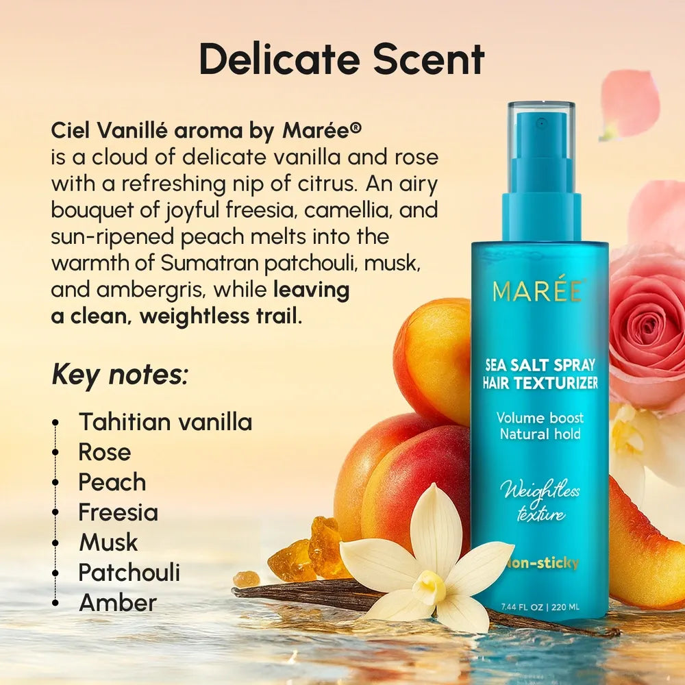 Maree Keratin &amp; Sea Salt Hair Texturizer applied to wavy hair, adding volume and beachy texture for a natural, tousled look.