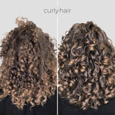 Maree keratin hair mask for damaged hair, showing before and after treatment results on brunette hair with smooth, shiny strands