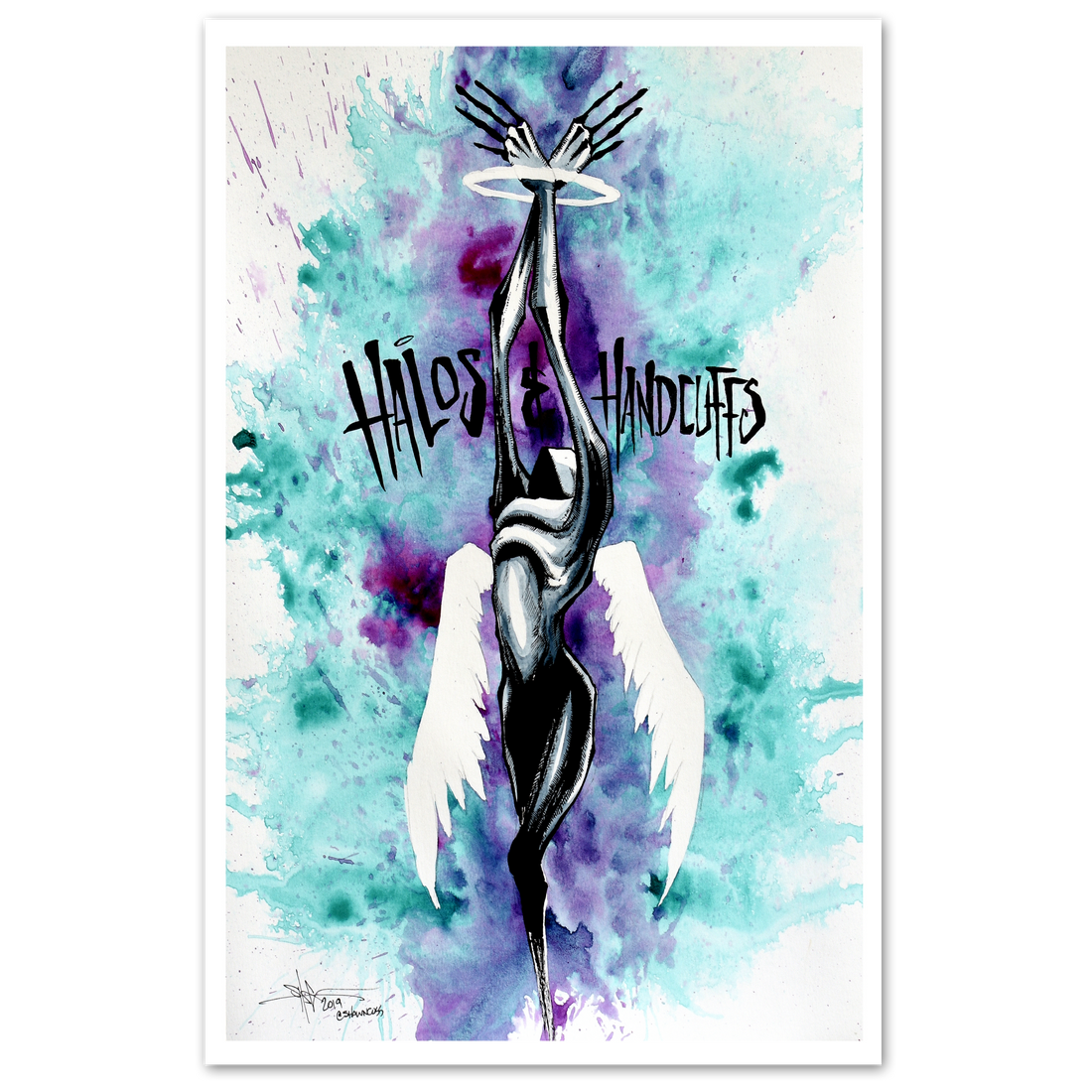 Poster featuring a "Halos and Handcuffs" design by Any Means Necessary Clothing, showcasing black and white artwork with halos and handcuffs.