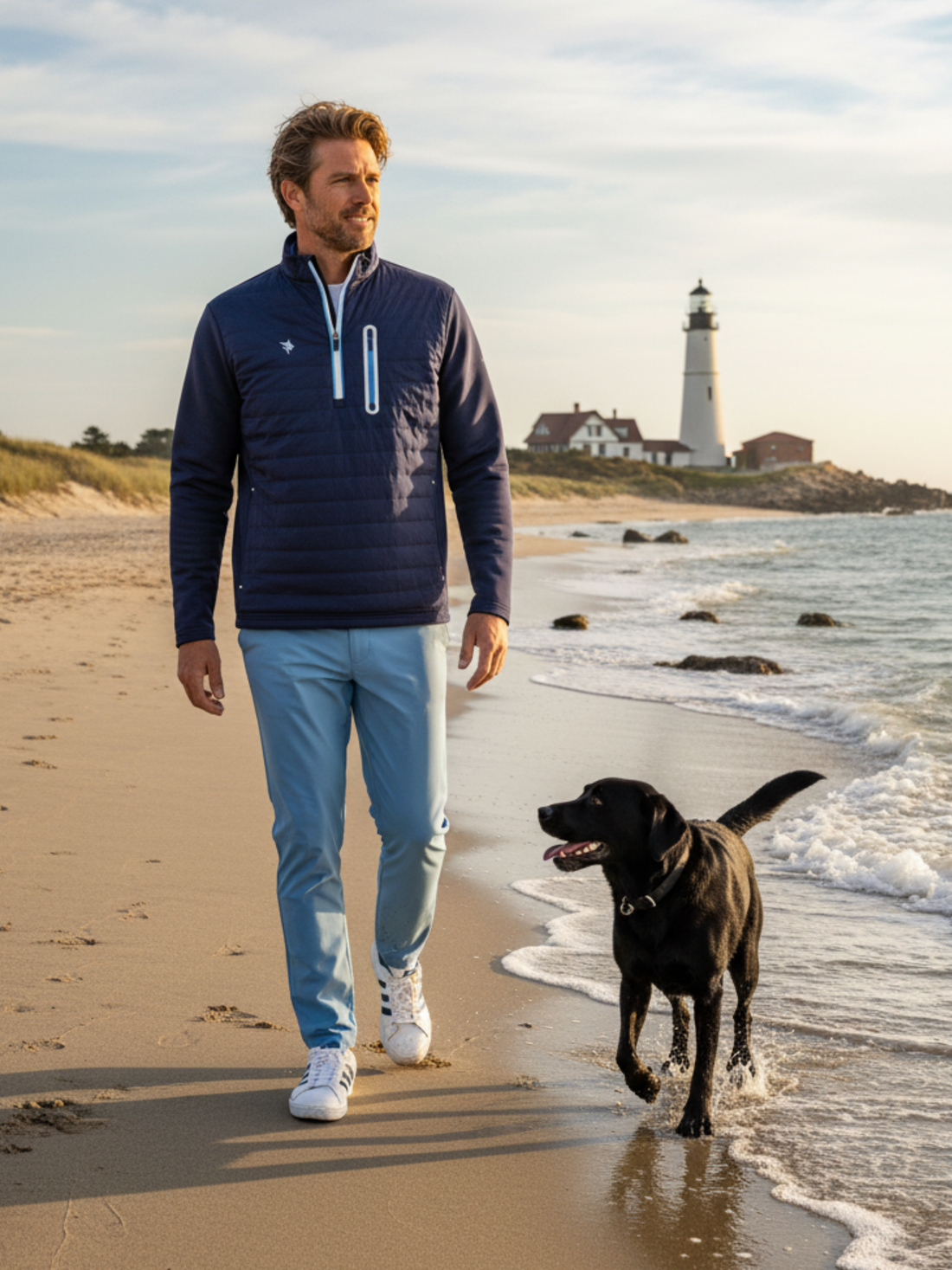 Navy Hampton quarter zip pullover by White Water Life, featuring a Montauk dog graphic, casual outdoor style, and technical fabric.