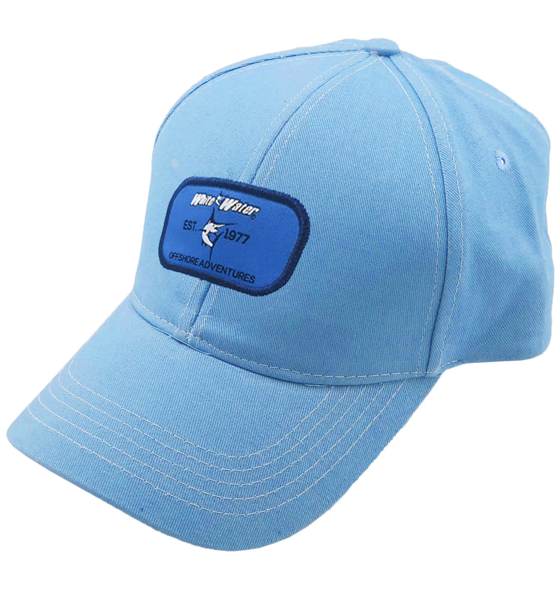 Light blue offshore hat by White Water Life with a simple design and patch detail, ideal for outdoor activities.