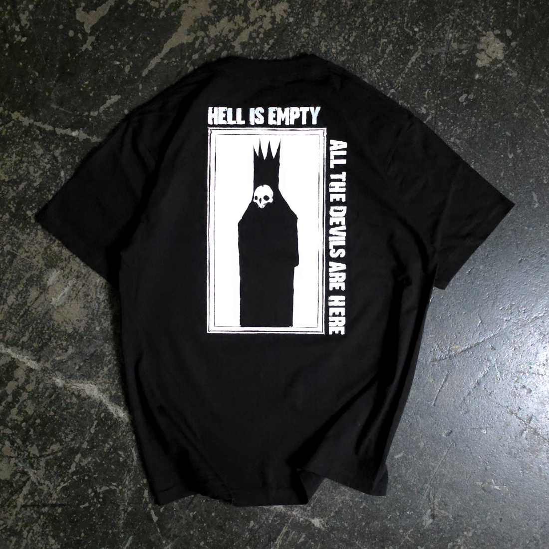 Black "Hell is Empty" T-Shirt from Any Means Necessary Clothing, featuring bold front graphic and back design.