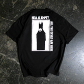 Black "Hell is Empty" T-Shirt from Any Means Necessary Clothing, featuring bold front graphic and back design.