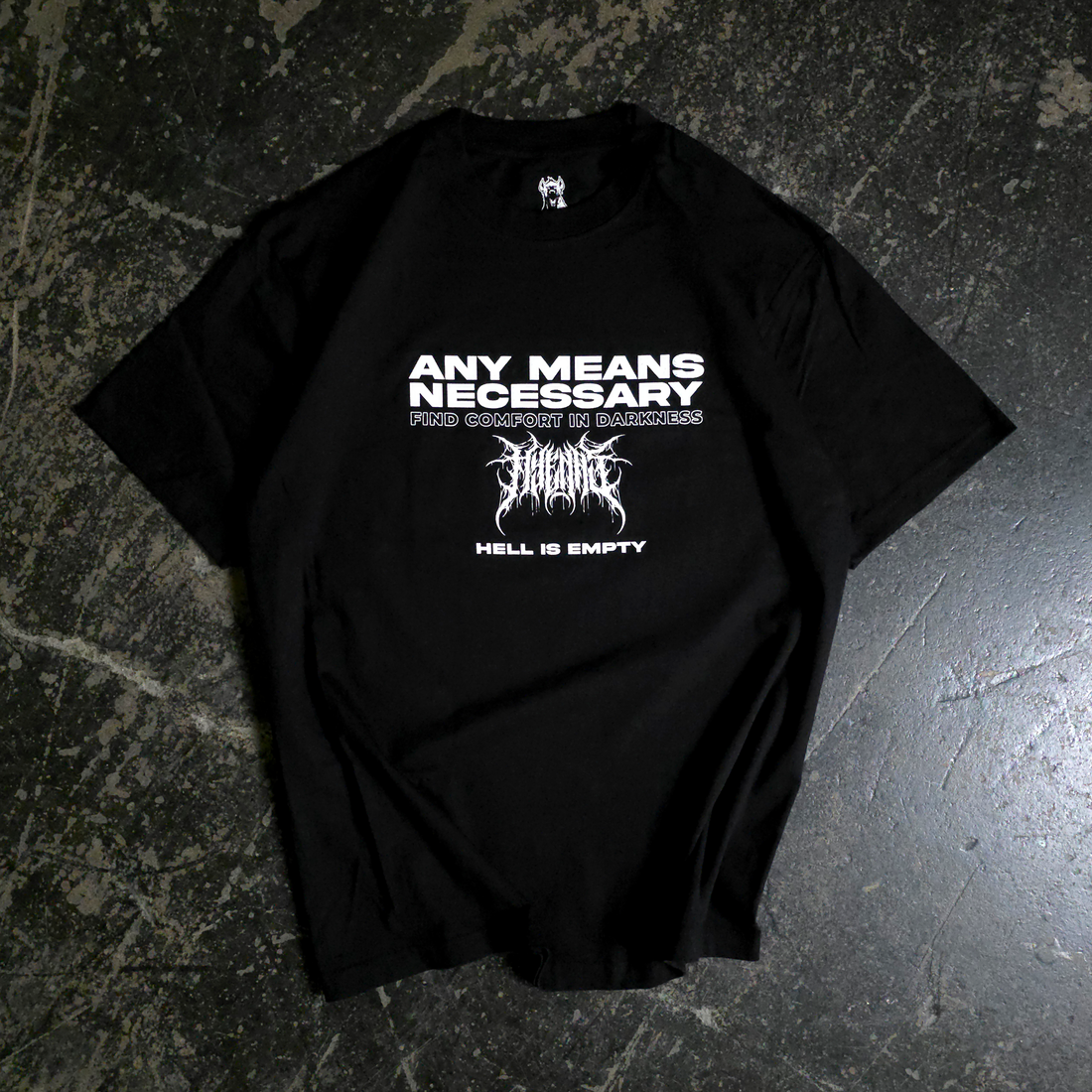 Black Hell is Empty T-Shirt from Any Means Necessary Clothing, featuring a front graphic design with bold text and artwork.