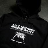 Black Hell is Empty zip-up hoodie by Any Means Necessary Clothing, front view showing hoodie with graphic design.