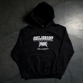 Black Hell is Empty zip-up hoodie by Any Means Necessary Clothing, front view showing graphic design and full zipper closure.