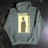 Sage green Any Means Necessary Clothing Hell is Empty pullover hoodie with back graphic design and comfortable fit.