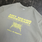 Close-up of Any Means Necessary Clothing Hell is Empty T-Shirt in sage green, showing the fabric and neckline detail.
