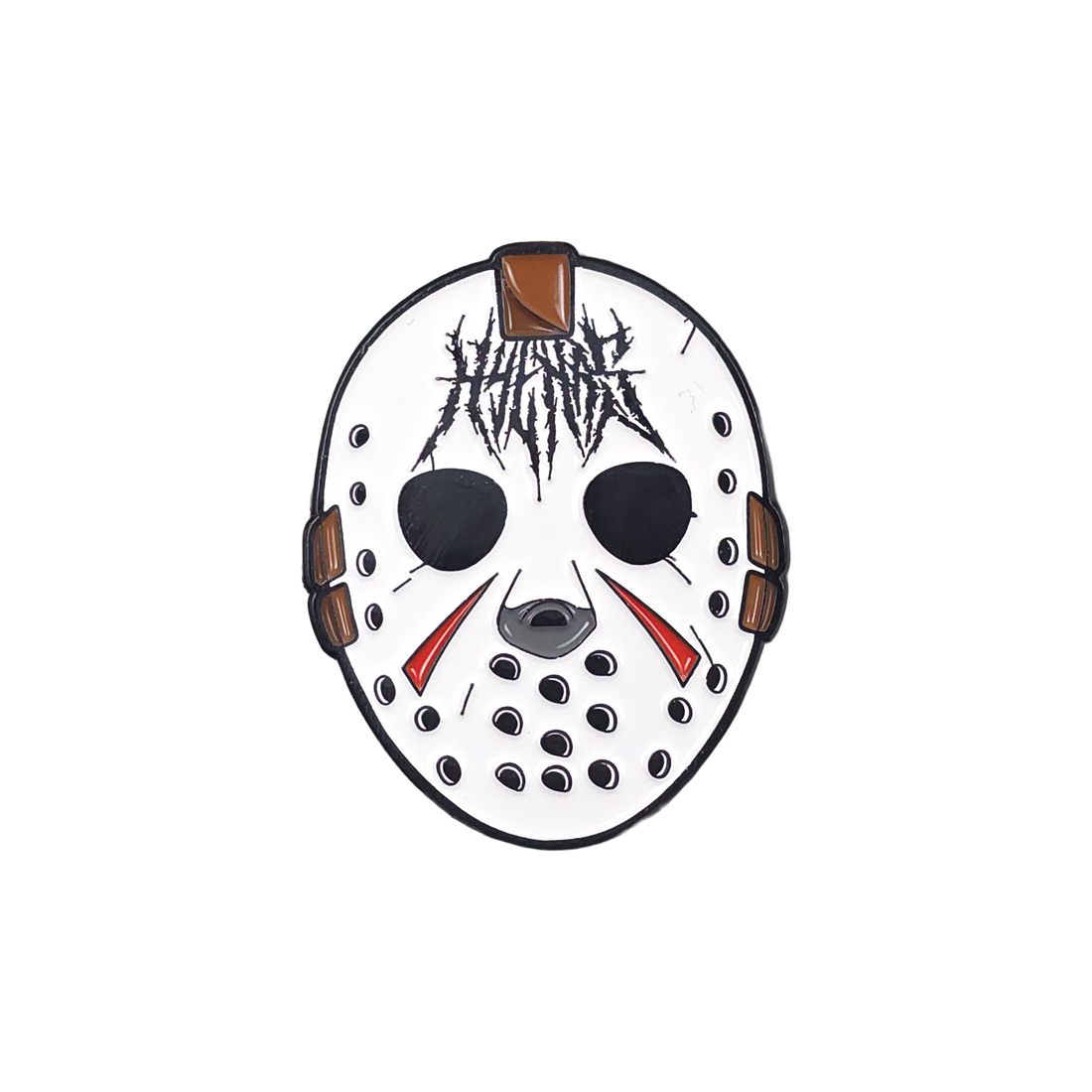 Hockey Hyena enamel pin featuring a stylized hyena wearing hockey gear, attached to a clothing item.