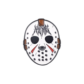 Hockey Hyena enamel pin featuring a stylized hyena wearing hockey gear, attached to a clothing item.