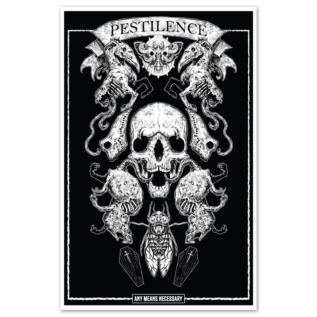 4 Horsemen Pestilence poster by Any Means Necessary Clothing featuring detailed artwork of Pestilence in a dark, dramatic style.