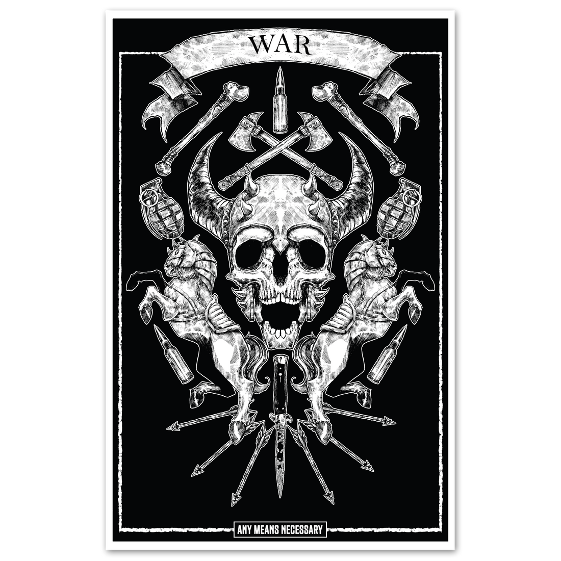 4 Horsemen War poster by Any Means Necessary Clothing featuring a detailed illustration of the War figure in a dynamic pose.