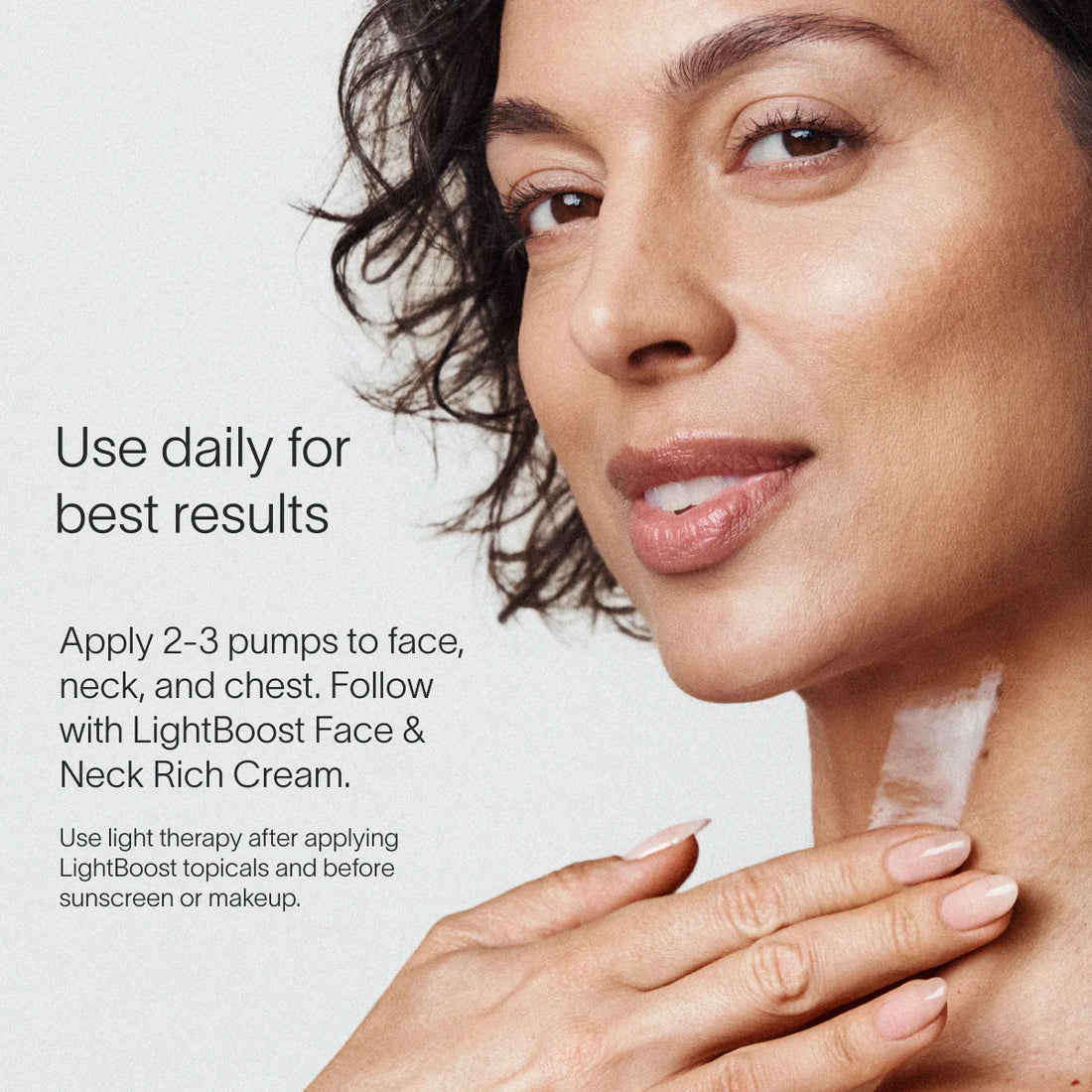 Solawave Light Therapy Boosting Face and Neck Serum bottle with application instructions on a white background.