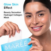 Maree hydrogel collagen face mask on skin, showing a close-up of the moist, translucent facial mask for hydration and skincare.