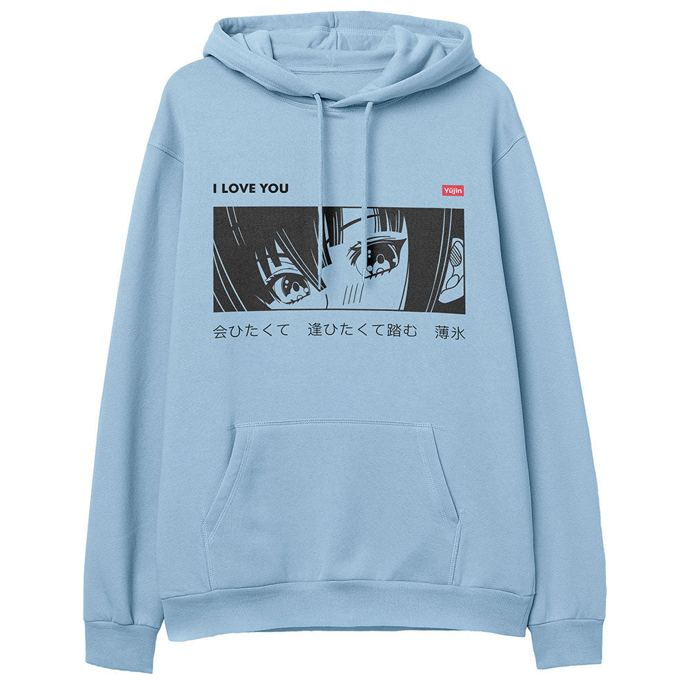 Gray "I Love You" hoodie by Yūjin Clothing featuring a cozy design and front graphic, perfect for casual wear.