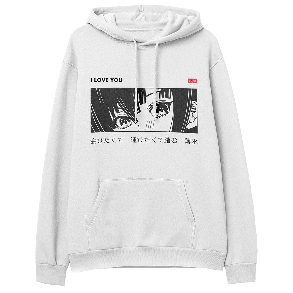 Yūjin Clothing I Love You hoodie featuring a comfortable fit with a printed "I Love You" message on a casual black hoodie.