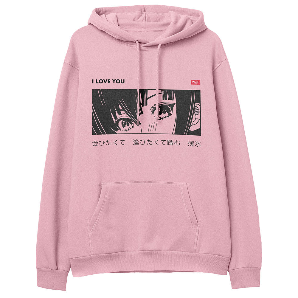 Yūjin Clothing I Love You hoodie featuring a casual fit, soft fabric, and a printed love message on the front.