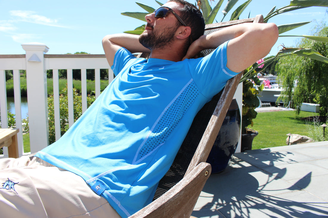 White Water Life Grander Short Sleeve Performance Tee in lightweight fabric, shown on a hanger with a plain background.