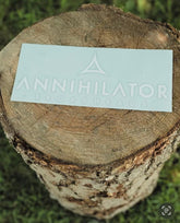 Transfer sticker from Annihilator Broadheads featuring bold, detailed design on a clear backing sheet.
