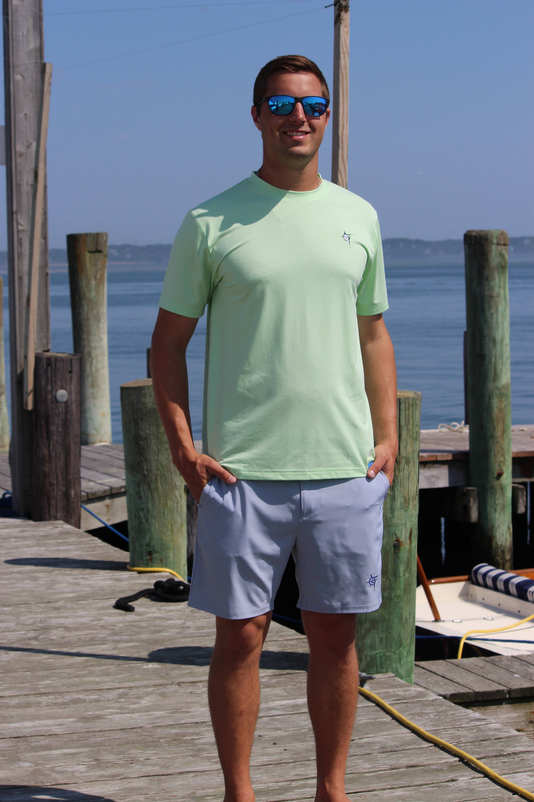 White Water Life Dockside Performance Tee, short sleeve shirt with logo design, casual marine-inspired apparel for men.