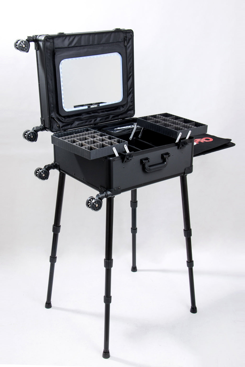 Roller Elite Mobile Workstation with LED Mirror & Extending Tray System – OG Black