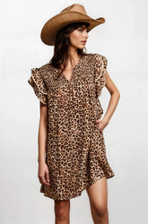 Desert Muse Leopard Ruffle Dress by Fitkitty Culture featuring a stylish leopard print, ruffled details, and a flowy silhouette.