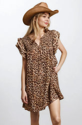 Desert Muse Leopard Ruffle Dress by Fitkitty Culture, featuring a stylish leopard print and ruffle details on soft fabric.