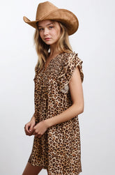 Desert Muse Leopard Ruffle Dress by Fitkitty Culture, stylish women’s clothing with leopard print and ruffle details.